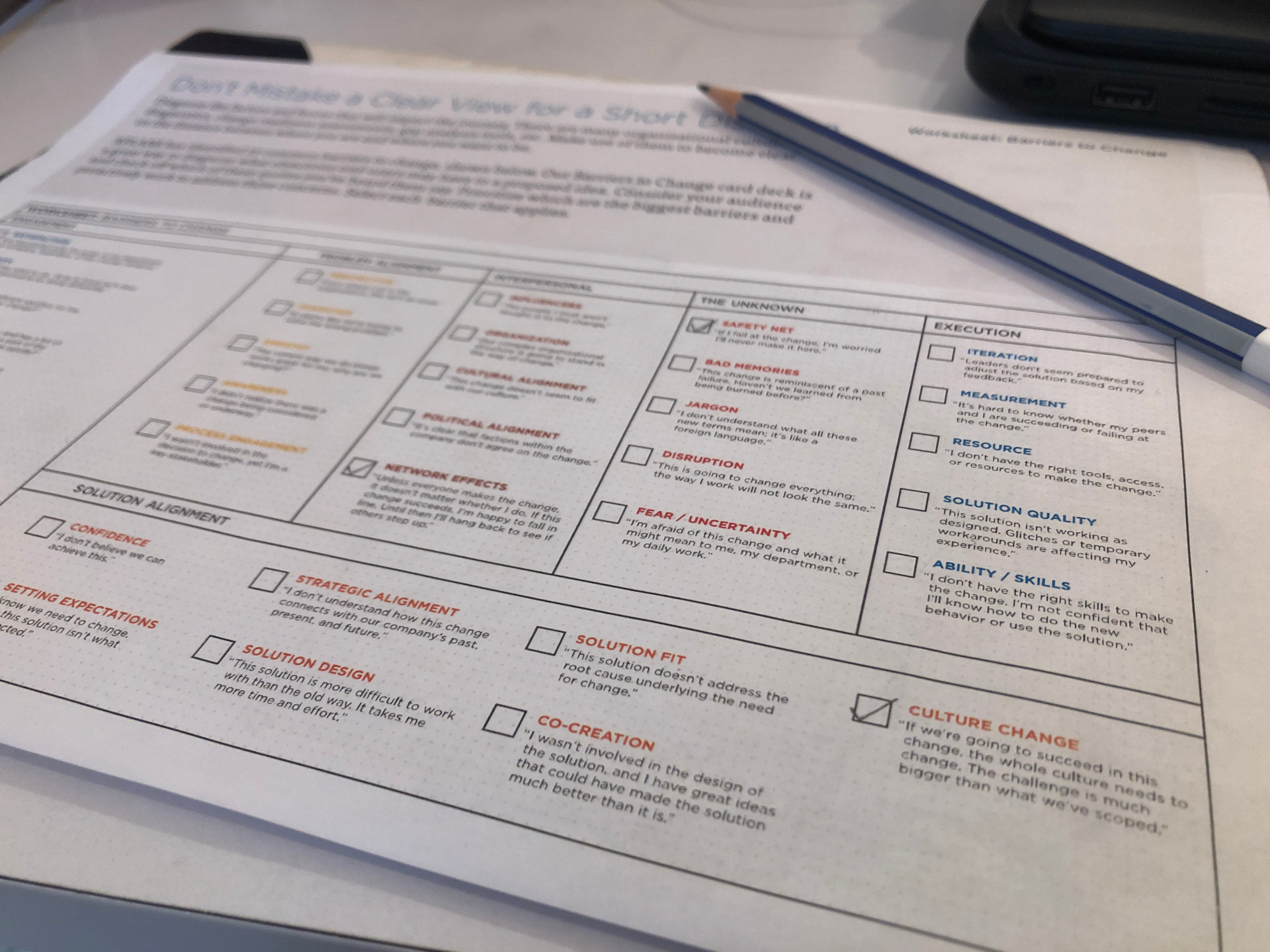 Barriers to Change worksheet — facilitated framework used during Era92 strategy sessions.