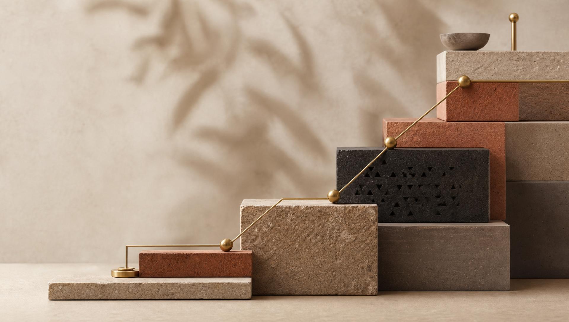An abstract sculptural arrangement of ascending stone and terracotta blocks connected by a brass line — structured growth and transformation.