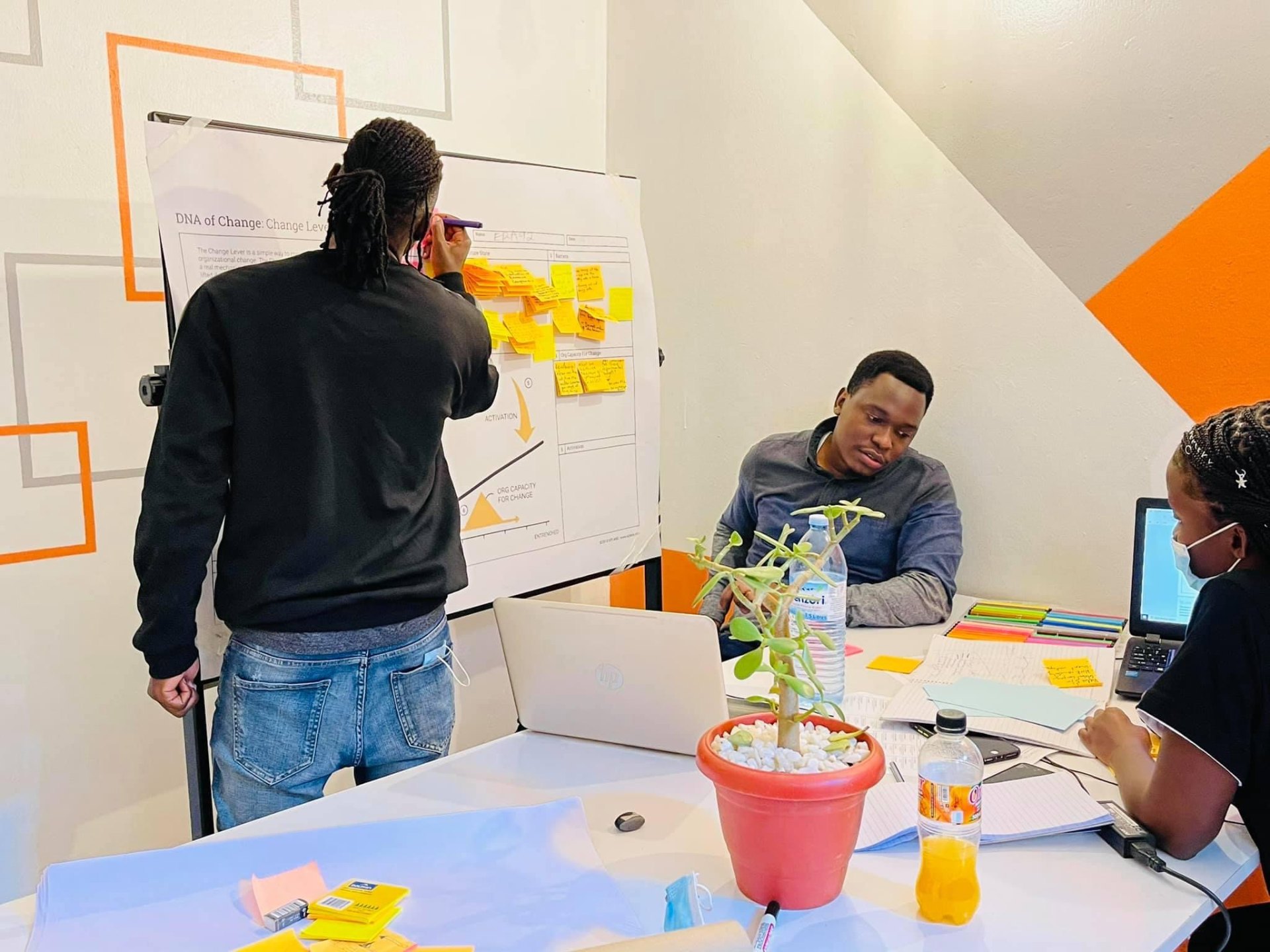 Era92 leadership working through a Change Lever workshop — mapping organizational evolution on a wall of sticky notes.