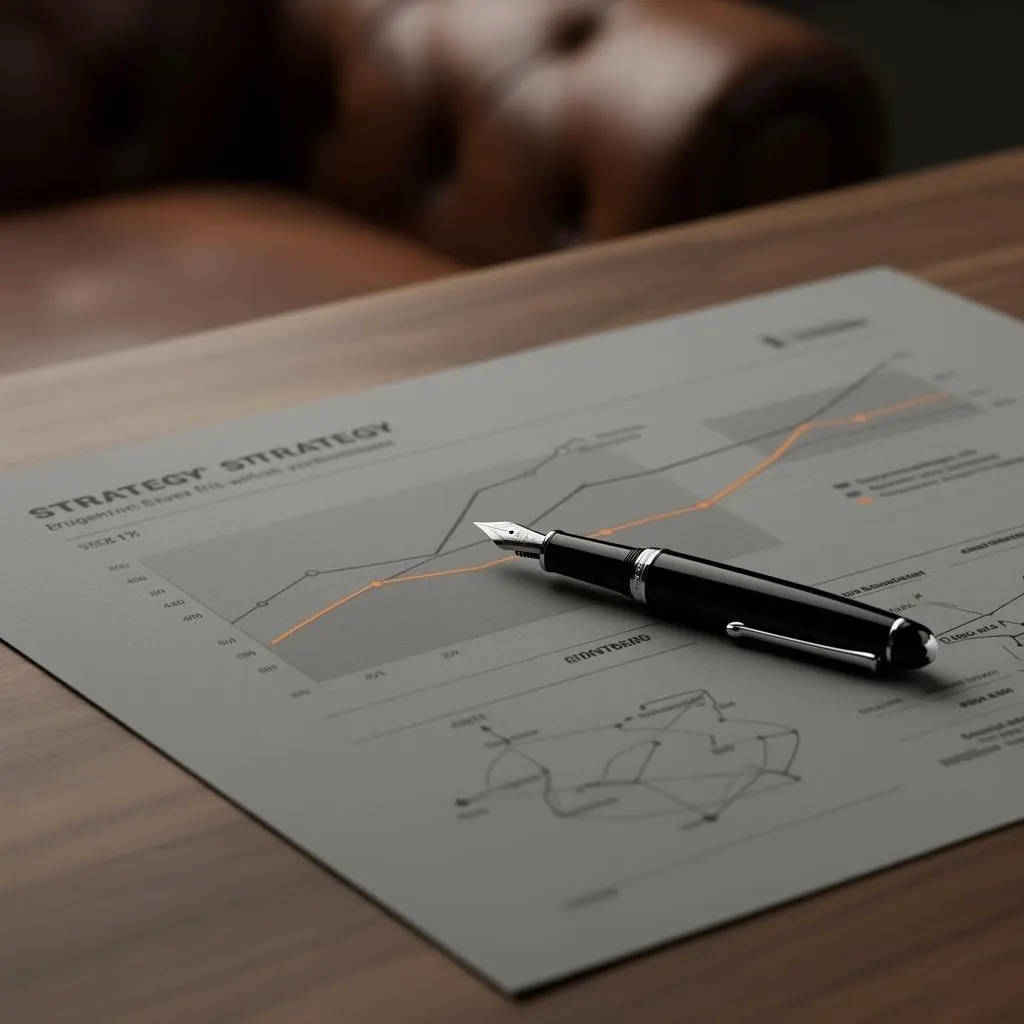 A printed strategy deck on a walnut desk with a fountain pen resting across it.