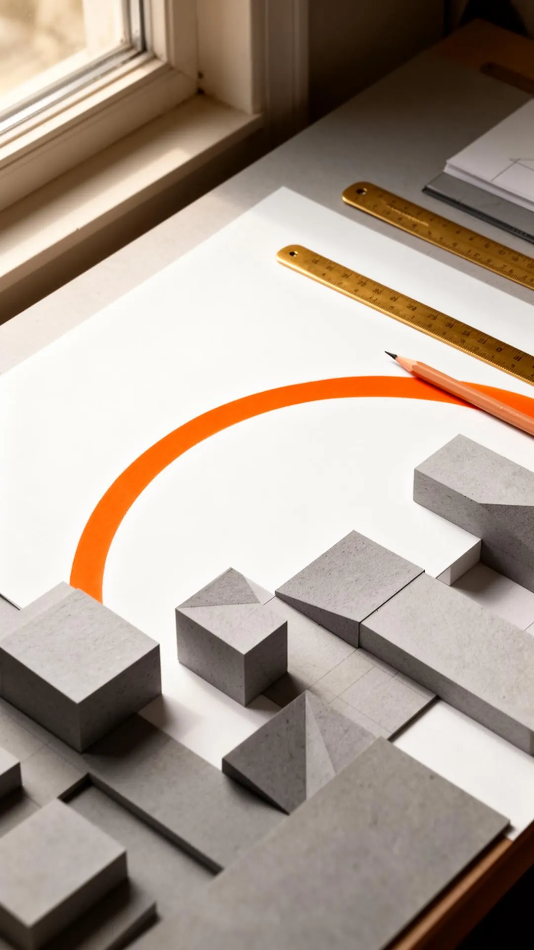 An architect's desk with a single bold orange arc drawn across grey geometric fragments — strategy as the line that resolves complexity.
