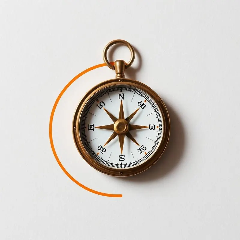 Brass compass with a hand-drawn orange arc — direction.