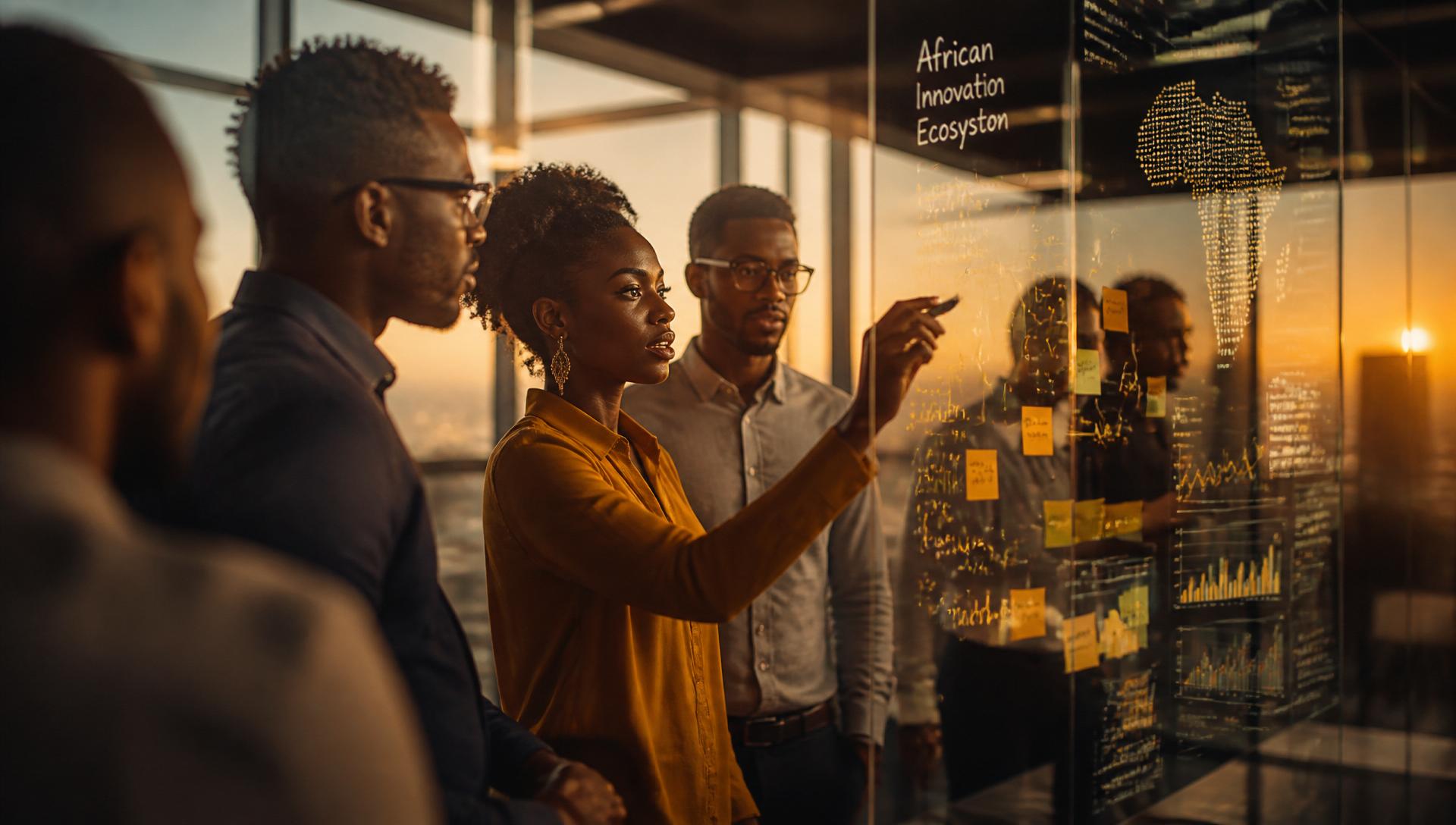 Pan-African leaders mapping value flows at golden hour.
