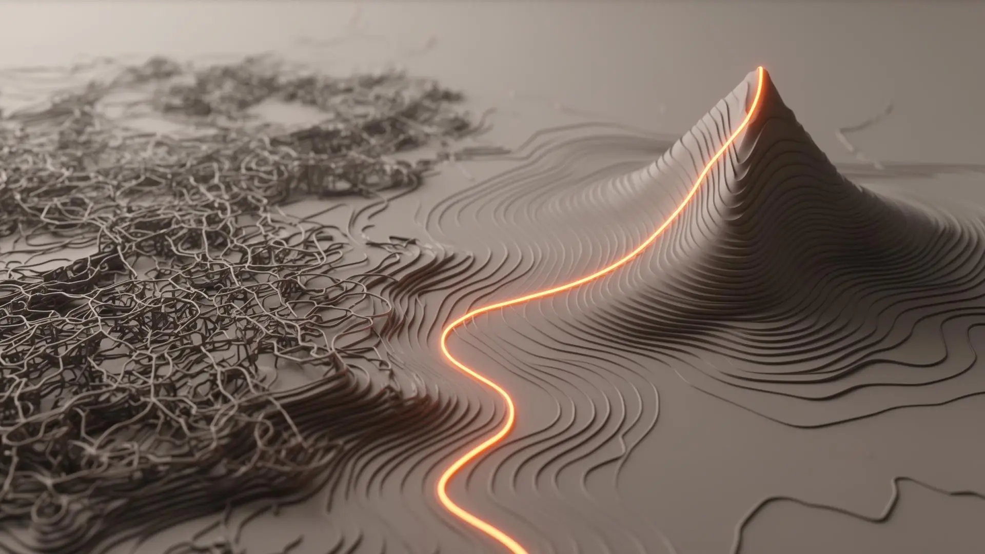 A glowing orange path emerging from dense, tangled terrain into a single ascending ridge — the shape of strategic clarity.